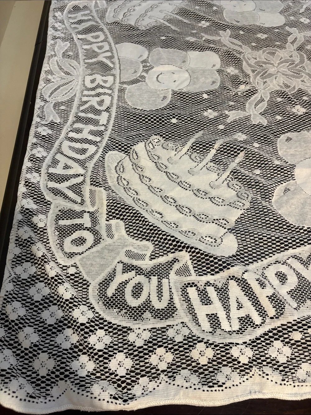 Vintage White 'Happy Birthday' Lace Tablecloth